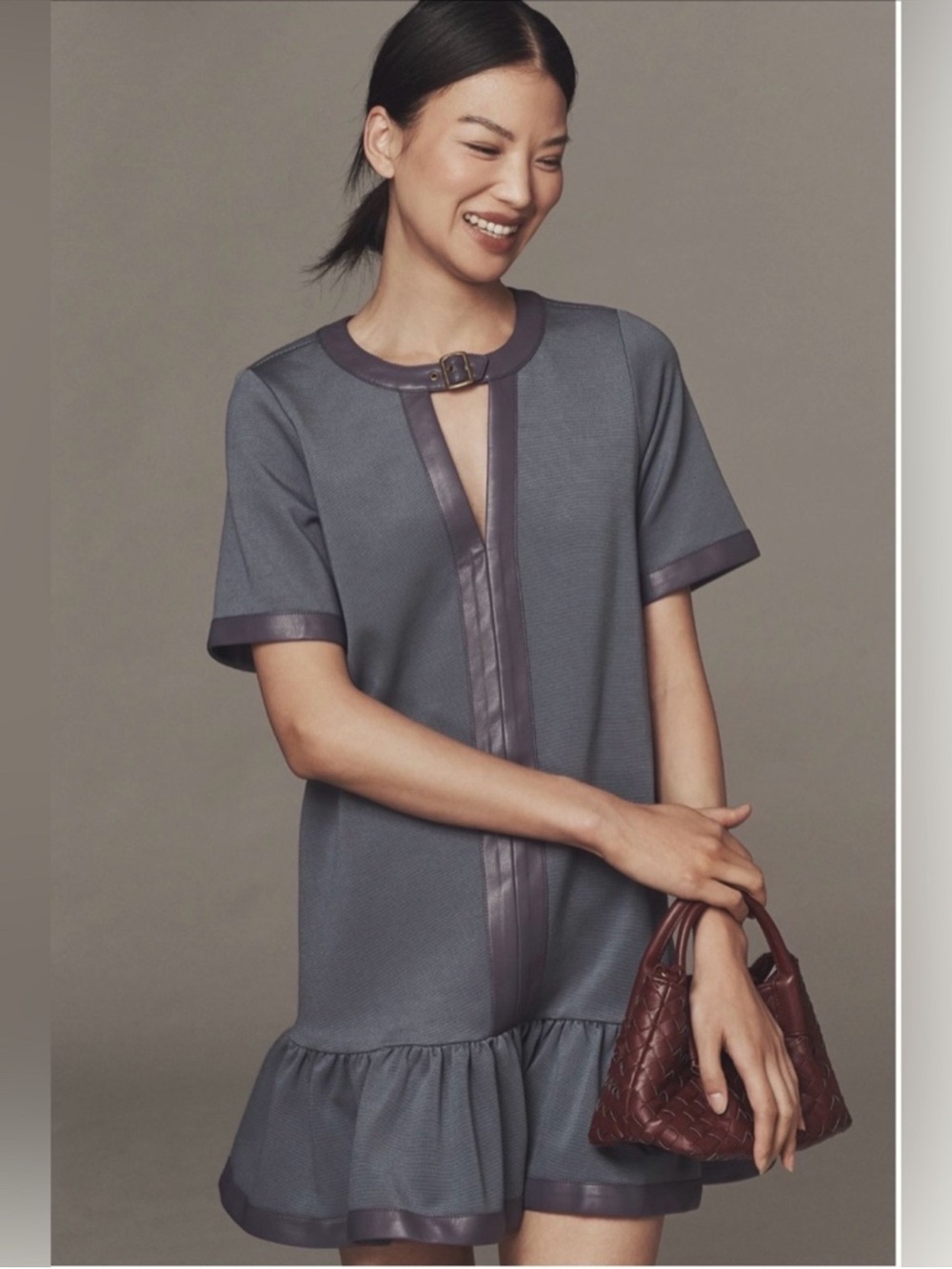 MAEVE Color block Leather Trim Mini Flounce Dress
